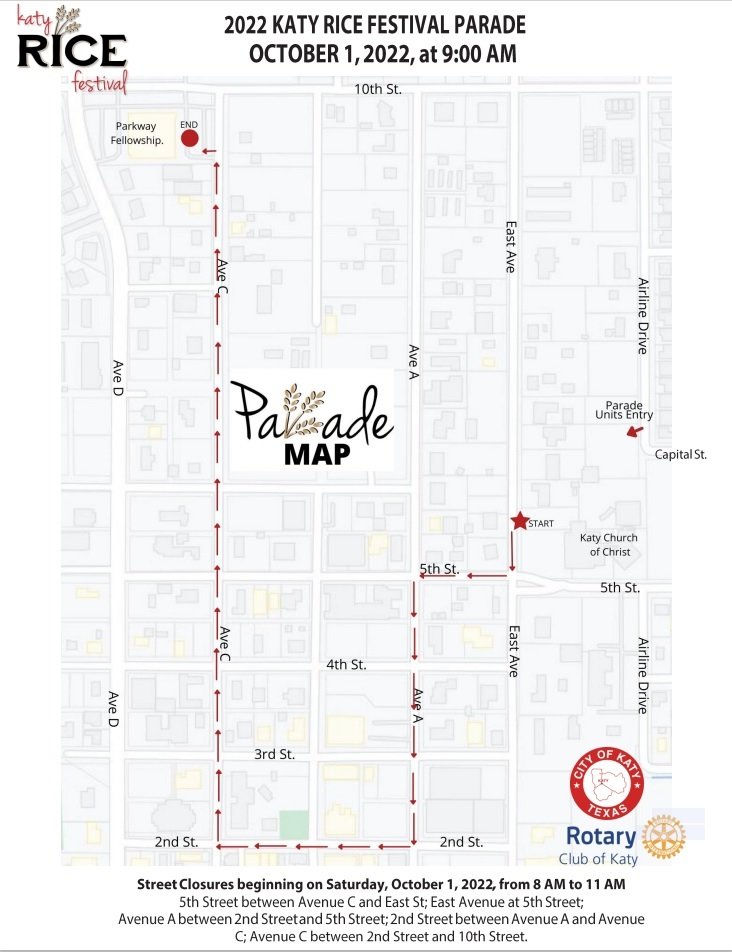 This map illustrates the route for the Katy Rice Festival parade.